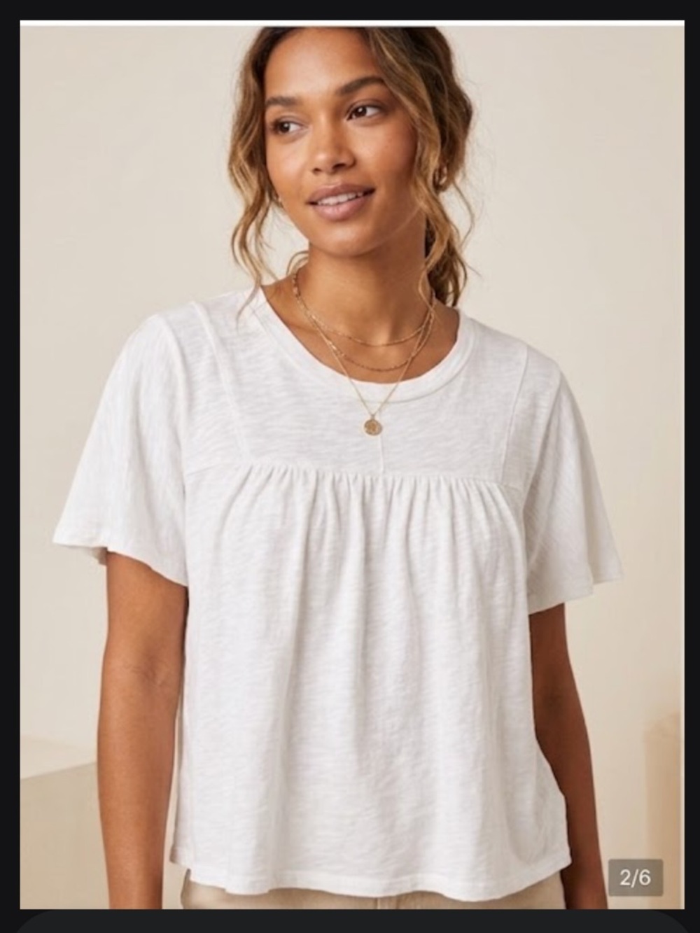 LNA clothing Relaxed White Women’s Peasant Top with Gathered Yoke